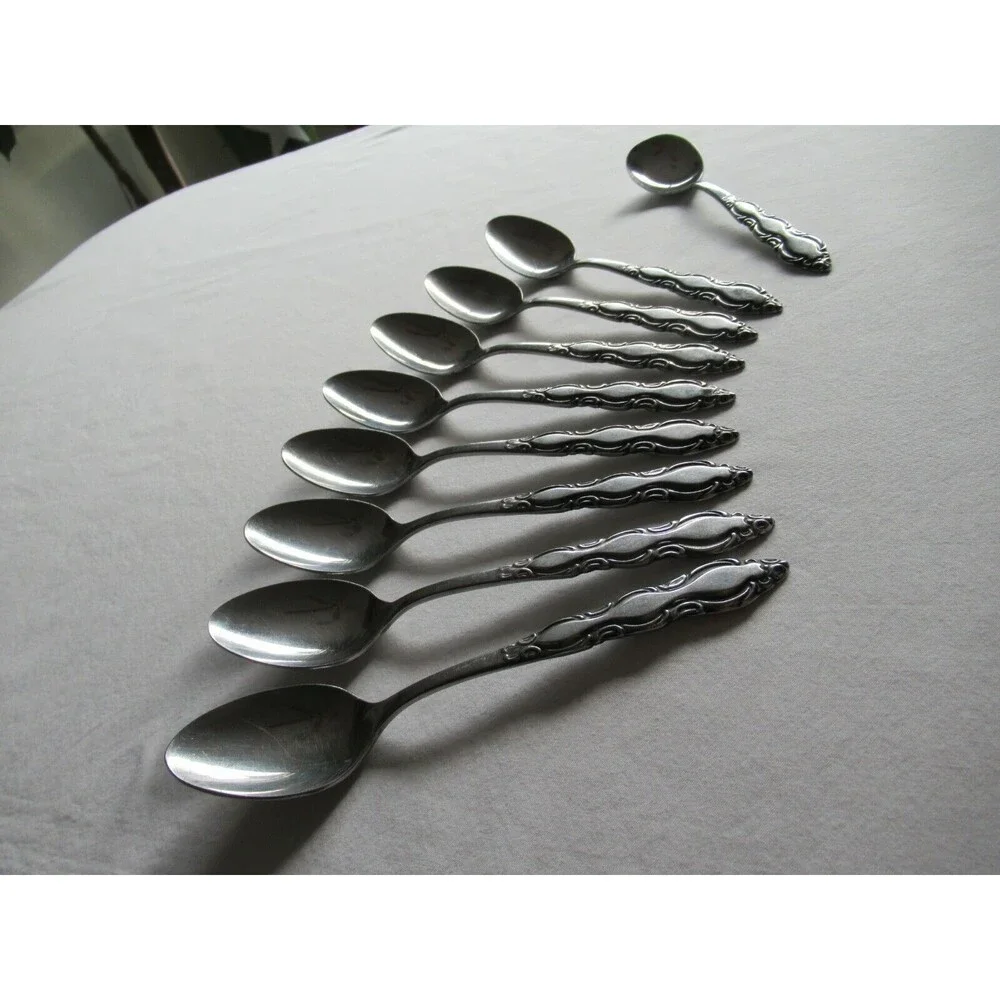 Lot of 9 National Stainless Marquee 8 Teaspoon +1 Sugar Spoon Japan Vintage 6.2